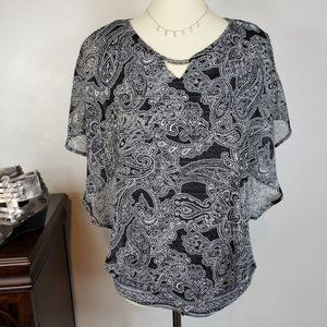Roz & Ali Black White Paisley Layered Cape Like Top Blouse New NWT Size XS